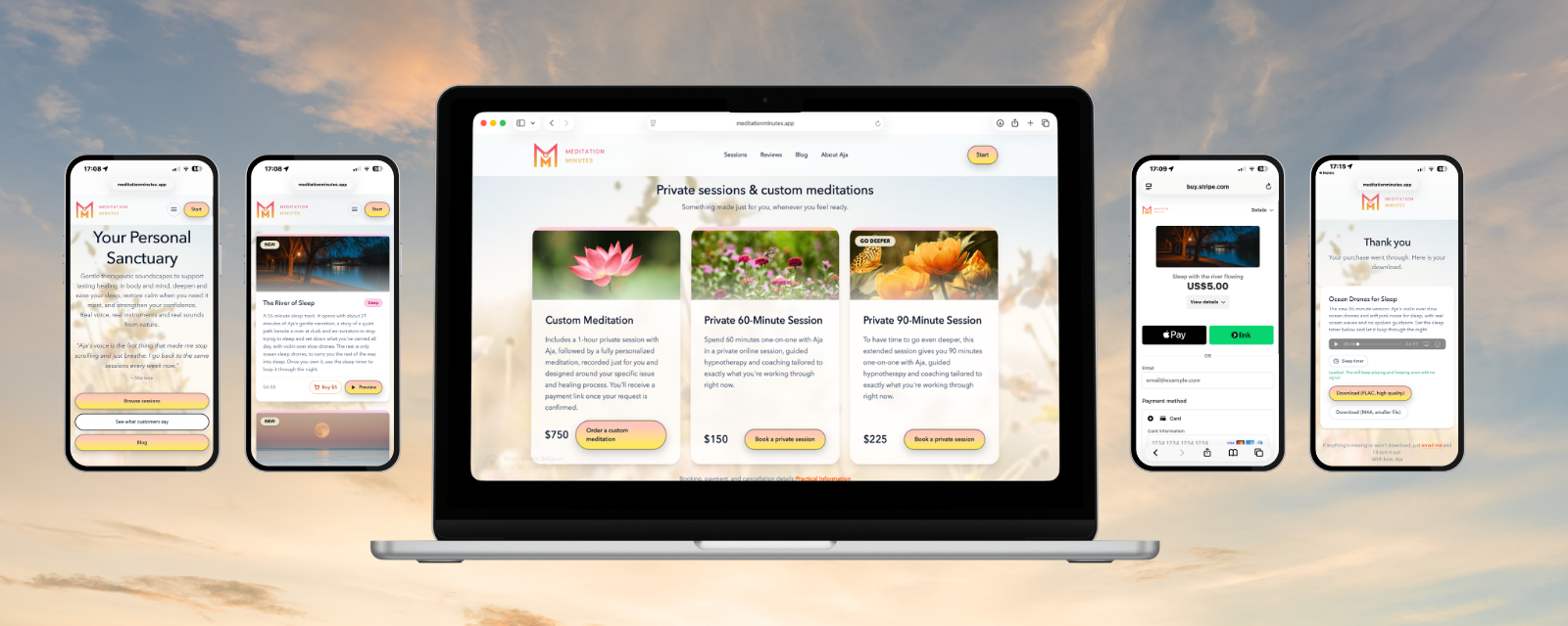 MeditationMinutes on a laptop and phones